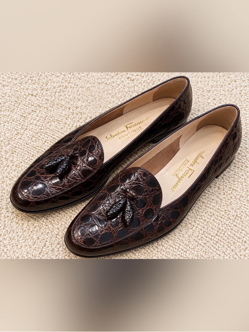 Vintage Salvatore Ferragamo Boutique Croc Tassel Loafers Brown Size 8 Italy